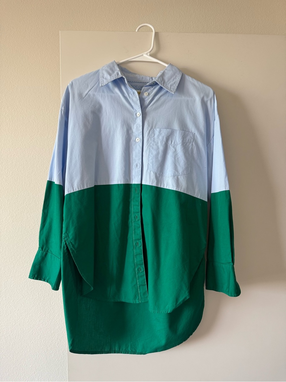 Anthropologie Colorblock Button-Up Shirt in Light Blue and Green - Size XS